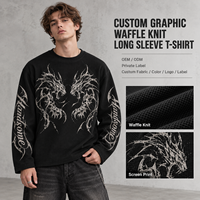T-shirt pour homme à col rond en maille gaufrée, manches longues, impression sérigraphique, style décontracté streetwear, marque privée