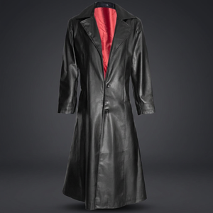 Manteau long en cuir noir Neo Matrix avec doublure rouge, style gothique steampunk, streetwear, coupe-vent, écologique, duster overcoat - Product Image 3
