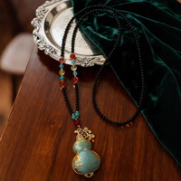 Collier pendentif gourde chinoise traditionnelle, breloque calabash émaillée avec perles multicolores, collier en onyx noir