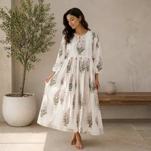 Robe longue bohème en coton imprimé à la main pour femme, sans manches, col montant, coupe ample, motif floral, décontractée, pour l'été et la plage, vente en gros - Product Image 1