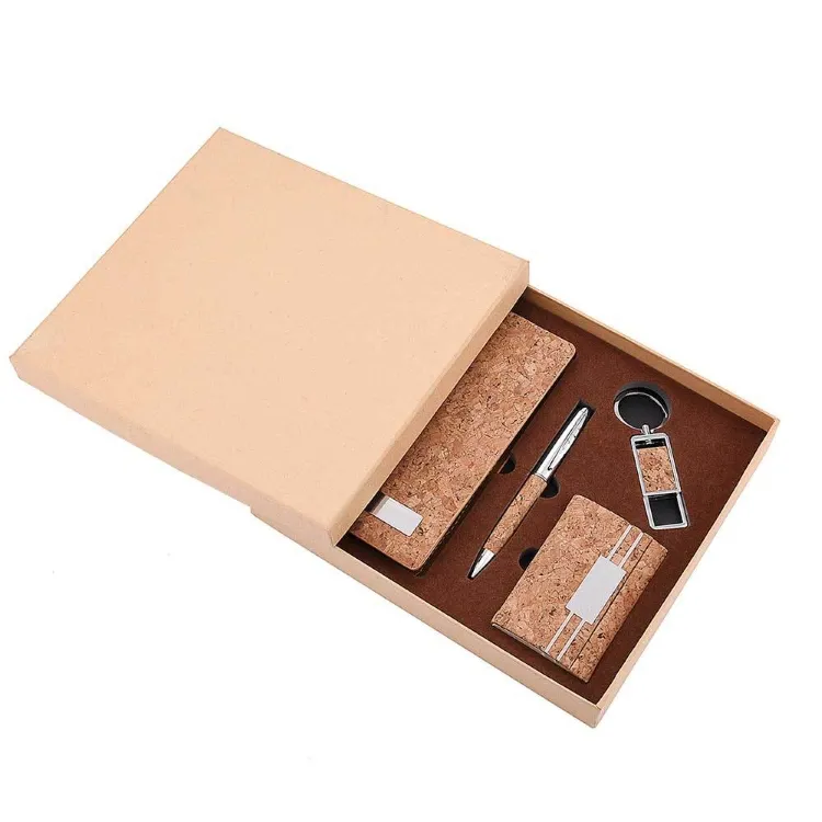 High quality Cork notepad set Key chain + business card case + notebook + pen gift present set