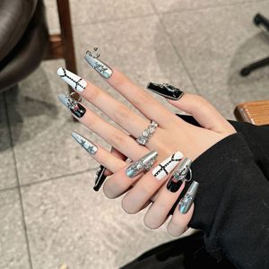 Faux ongles à presser style Punk Gothique, extra longs, <span class=keywords><strong>avec</strong></span> <span class=keywords><strong>strass</strong></span> noirs, faits main haut de gamme, au design élégant et original, blancs, de niche - Product Image 6