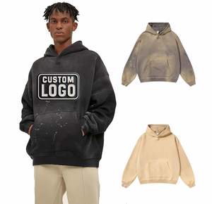 Custom LOGO Spray Dyed Hoodies Winter Solid Color Blank Fleece Dirty Monkey Washed Cotton Thick 500Gsm Heavy Weight <b>for</b> Men - Product Image 1