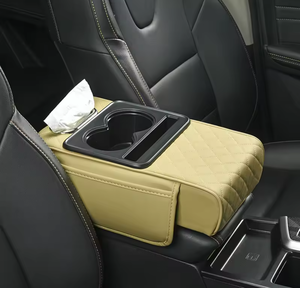 Boîte de rangement pour accoudoir central avant de voiture avec coussin rehausseur en cuir intégré, porte-gobelet et pochette de rangement pour mouchoirs pour les voyages en voiture - Product Image 2