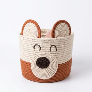 Bear Ear Raffia Rope Foldable Storage Basket with Circle Shape Handle for Home <b>Decor</b> Organization <b>Nursery</b> Toy Clothes & Laundry - Product Image 1