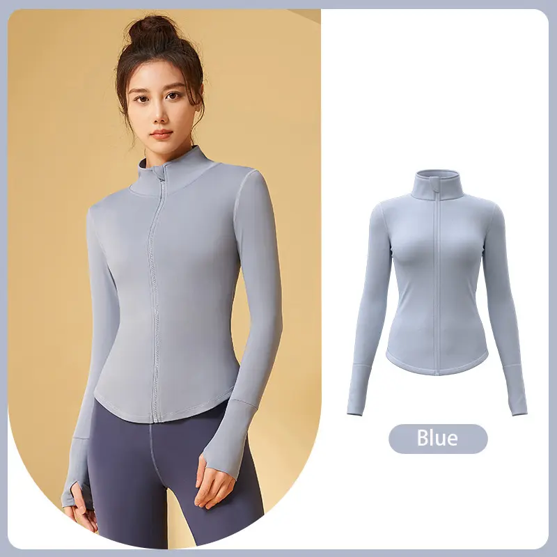 Wholesale Slim Fit Long Sleeve Yoga Jackets Gym Running Lightweight Coat Zip Up Thumb Hole Stand Collar Women Sports Jacket