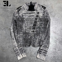 Veste Bomber en Jean Délavé Style Napoléon LARSUR, Coupe Slim, Col Montant, pour Moto, Veste Hussar en Jean Court