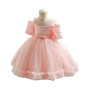 2024 New Kids Short Sleeve Bow Ball Gown Flower Girls Dress Little Girls Frock Party Baby Dresses