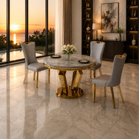 Ensemble de table et de chaises de salle à manger rondes en marbre de luxe moderne, disponible avec base en métal et chaises rembourrées.
