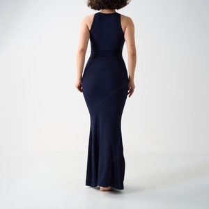 WD-10960 Robe longue élégante et décontractée, coupe trapèze ajustée, taille naturelle, respirante, très élastique, col côtelé, sans manches, couleur unie - Product Image 4