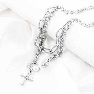 สร้อยคอไม้กางเขนสองชั้นสไตล์ยุโรปอเมริกัน ทำจากไทเทเนียมสตีล ประดับมุกและเพชร สำหรับผู้ชายและผู้หญิง - Product Image 3