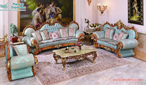 Juego de Sofás Maharaja con Mesa de Centro, Muebles de Madera de Teca Tallada, Acabado Blanco y Dorado para Sala de Estar - Product Image 4