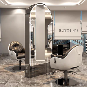 Ensemble de miroirs de salon sur pied en cuir doré, simple ou double face, <span class=keywords><strong>avec</strong></span> <span class=keywords><strong>éclairage</strong></span> LED, design moderne et épuré pour salons de coiffure - Product Image 3
