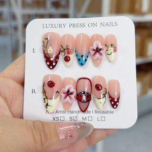 <span class=keywords><strong>Uñas</strong></span> Postizas de <span class=keywords><strong>Verano</strong></span> con Diseño de Flores 3D Hechas a Mano, Diseño de Almendra, 10 Piezas, <span class=keywords><strong>Uñas</strong></span> Acrílicas de Cobertura Completa con Mariposas - Product Image 4