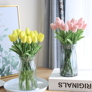 เคช ทิวลิปดอกไม้ประดิษฐ์สีเหลืองสีชมพูแจกันแก้วตกแต่งบ้านอุปกรณ์ประกอบฉากงานแต่งงาน - Product Image 1