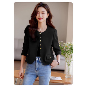 Women's Short Blazer Solid Color Beige Black Brown Polyester Fiber Worsted Spring Autumn Elegant Petite Fit - Product Image 3