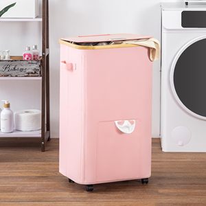 Màu Hồng mỏng hẹp Cán có thể gập lại giặt lưu trữ giỏ cản trở giặt <span class=keywords><strong>Hamper</strong></span> với bánh xe - Product Image 4