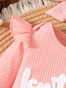 Set 3 Pezzi per Neonata 0-9 Mesi: Tutina a Costine, Pantaloni con Stampa Margherita e Fiocco per Capelli Abbinato - Product Image 3