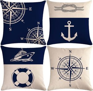 4 fundas de <span class=keywords><strong>almohada</strong></span> <span class=keywords><strong>azul</strong></span> marino, <span class=keywords><strong>funda</strong></span> de <span class=keywords><strong>almohada</strong></span> con decoración de playa costera con ancla/brújula de velero, adecuada para decoración del hogar - Product Image 1