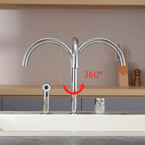 Kitchen Faucet 360 Degree Rotate 2 Handle Deck Mounted Contemporary Style Ceramic Valve Core - Product Image 1
