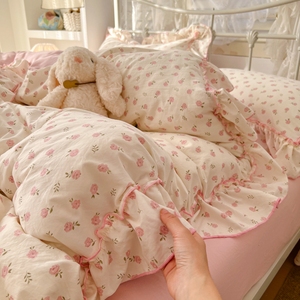 Soft Floral Printed 4-Piece <strong>Bedding</strong> Sets <strong>Double</strong> Layer Gauze Lace Edge Skin Friendly <strong>Princess</strong> Style for <strong>Double</strong> Size Bed Cover Set - Product Image 1