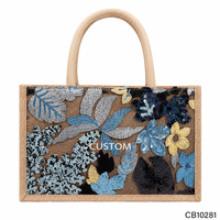 Sac fourre-tout en jute tissé sur mesure avec broderie florale à sequins | Sac à main en paille pour les vacances, sac de plage d'été |   Échantillons en 7 à 10 jours