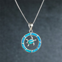 Serie del océano Animal tortuga collar círculo colgante collar Color plata Fuego Azul ópalo moda boda joyería