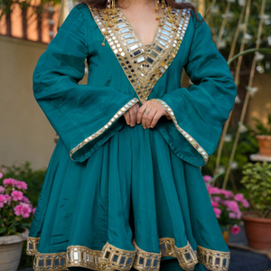 Teal Solid Silk Embroidered <b>Shawl</b> with Mirror Work Traditional Indian Pakistani Women's Wear Skin-Friendly Breathable - Product Image 5