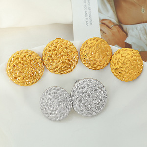 Chinese Style <b>Titanium</b> Steel Stud Earrings 18K Gold Silver Round Embossed Geometric Women's Everyday Wear EH189 - Product Image 1