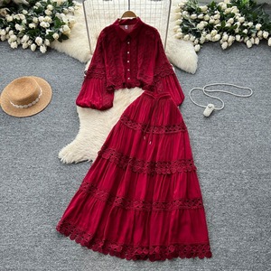 Французская Ретро замысловатая ажурная кружевная блузка с рукавами-фонариками короткая блузка с высокой талией Расклешенная юбка миди осенний комплект из 2 предметов - Product Image 6