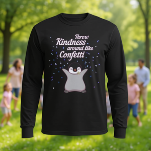 Camiseta de manga larga con estampado de pingüino que esparce bondad como confeti - Product Image 3