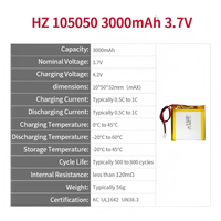 HZ 105050 3.7V 3000mAh Baterai Lithium Polymer Isi Ulang Soft Pack Li-Po LiNiMnCoO2 Katoda 500 Siklus -20C 60C Operasi
