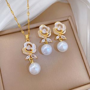 Stainless Steel Jewelry Set Non Fade Court-style Pearl Flower Necklace Earring Ring Women Clavicle <b>Chain</b> Choker Charm Jewelry - Product Image 1