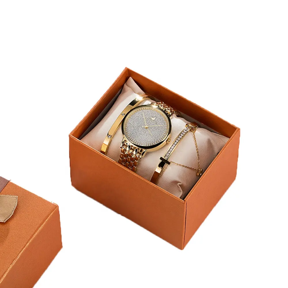 Relojes de pulsera de cuarzo para mujer, conjunto de pulsera con caja de papel de regalo