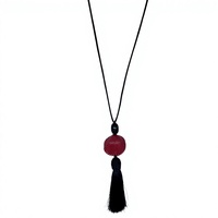 Collier pendentif perle bohème avec pompon festonné rouge, chaîne en bambou, style minimaliste unisexe, usage quotidien, bouddhisme, alliage de zinc