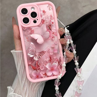 Coques de téléphone BAILI Factory en TPU rose avec motif papillon et fleur pour iPhone 17 Air 16 Pro Max, avec bracelet de main, protection antichoc