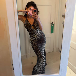 Robe longue sirène ajustée pour femme, imprimé léopard, col halter, à nouer devant, décolleté plongeant en V, sexy, pour soirée formelle - Product Image 2