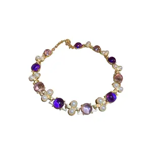 GEERDENG Großhandel Vintage lila Diamant Perle Ohrringe Halskette-Set Schmuck für Hochzeitsfeier