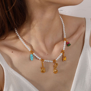 Freshwater Pearl <b>Bracelet</b> Necklace <b>Set</b> With Gold Charms For Women Everyday Wear Sweet Girl Style Jewelry <b>Set</b> - Product Image 4