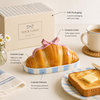 Boîte de rangement pour pain et beurre faite à la main, jolie boîte à beurre en céramique en forme de croissant avec bouton en forme de nœud