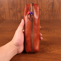 Étui à crayons en cuir pleine fleur tanné végétal, pochette de rangement pour stylos avec fermeture éclair perlée, sac de papeterie portable grande capacité, trousse à stylos