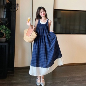 Blue Plaid Sleeveless Dress Women Elastic Waist Spaghetti Strap Contrast Color Leisure Casual Long Dress - Product Image 1
