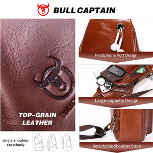 BULLCAPTAIN - Bolso Bandolera de Cuero 100% Genuino, con Logotipo Personalizado OEM, Bolso de Pecho Informal para Hombre con Orificio para Auriculares, Bolso Cruzado para Hombre - Product Image 4