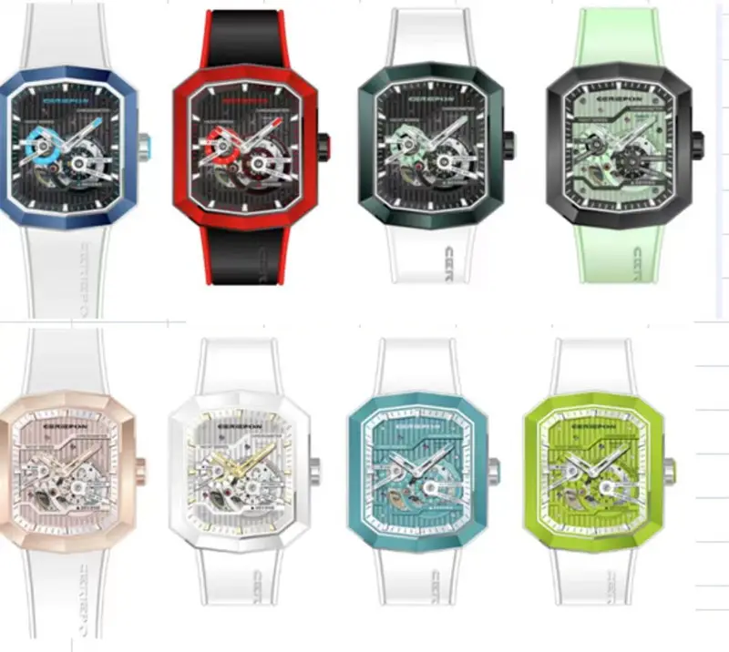 Low MOQ Personalised Rubber Strap Square Face Men's Automatic Skeleton Watches