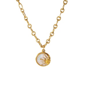 Collar Zoryn de Acero Inoxidable Impermeable con Colgante de Moneda de Nácar, Cadena de Eslabones con Diseño de Sol y Luna, Chapado en Oro, Regalo para Mujer - Product Image 5