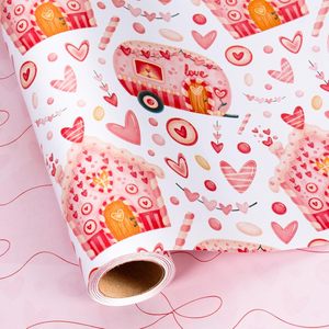 Valentines Day Wrapping Paper <b>Pink</b> Heart Love Car House Design 17in x 16.5ft Gift <b>Wrap</b> for Anniversary Romantic - Product Image 1