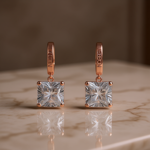 Pendientes de cristal cuadrados de oro rosa Reon con engaste de garra para mujer, uso diario, estilo clásico E287 - Product Image 2