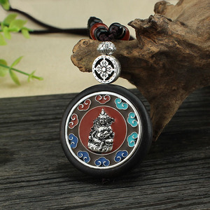 Collier vintage fait à la main en bois d'ébène Thangka avec longue chaîne de perles, pendentif diamant Bouddha du Népal, accessoires, cadeau porte-bonheur, bijoux de prière - Product Image 2