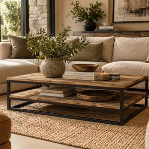 Mesa de Centro Rústica de Madera Reciclada con Estructura Metálica, Dos Niveles de Almacenamiento, Mueble Moderno para Sala de Estar - Product Image 1