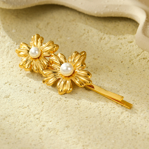 Pinza de pelo de flor de perla de concha de acero inoxidable chino para mujer, horquillas de pelo chapadas en oro impermeables de lujo, accesorios para el cabello - Product Image 3